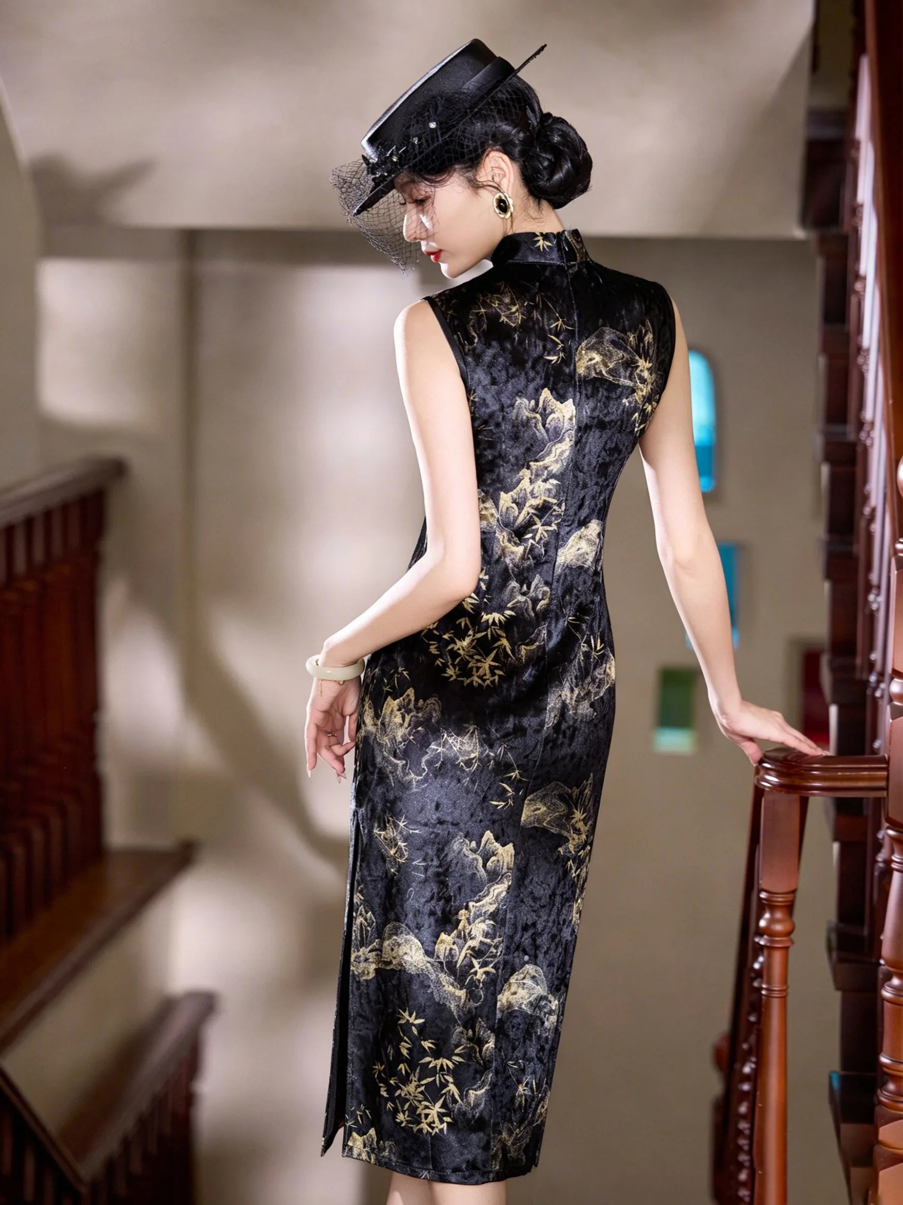 Old Shanghai Qipao black vintage Chinese dress with gold landscape pattern and mandarin collar