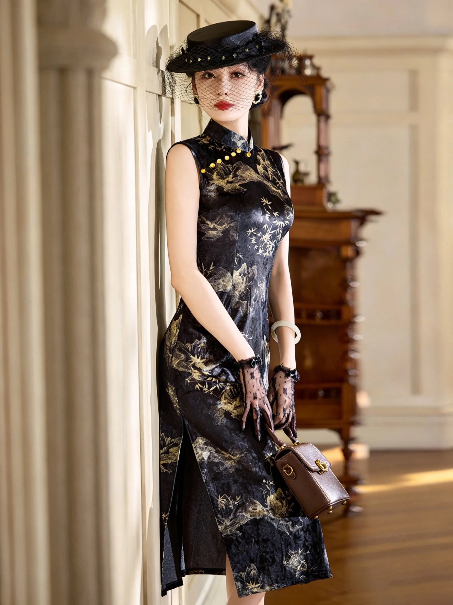 Old Shanghai Qipao black vintage Chinese dress with gold landscape pattern and mandarin collar