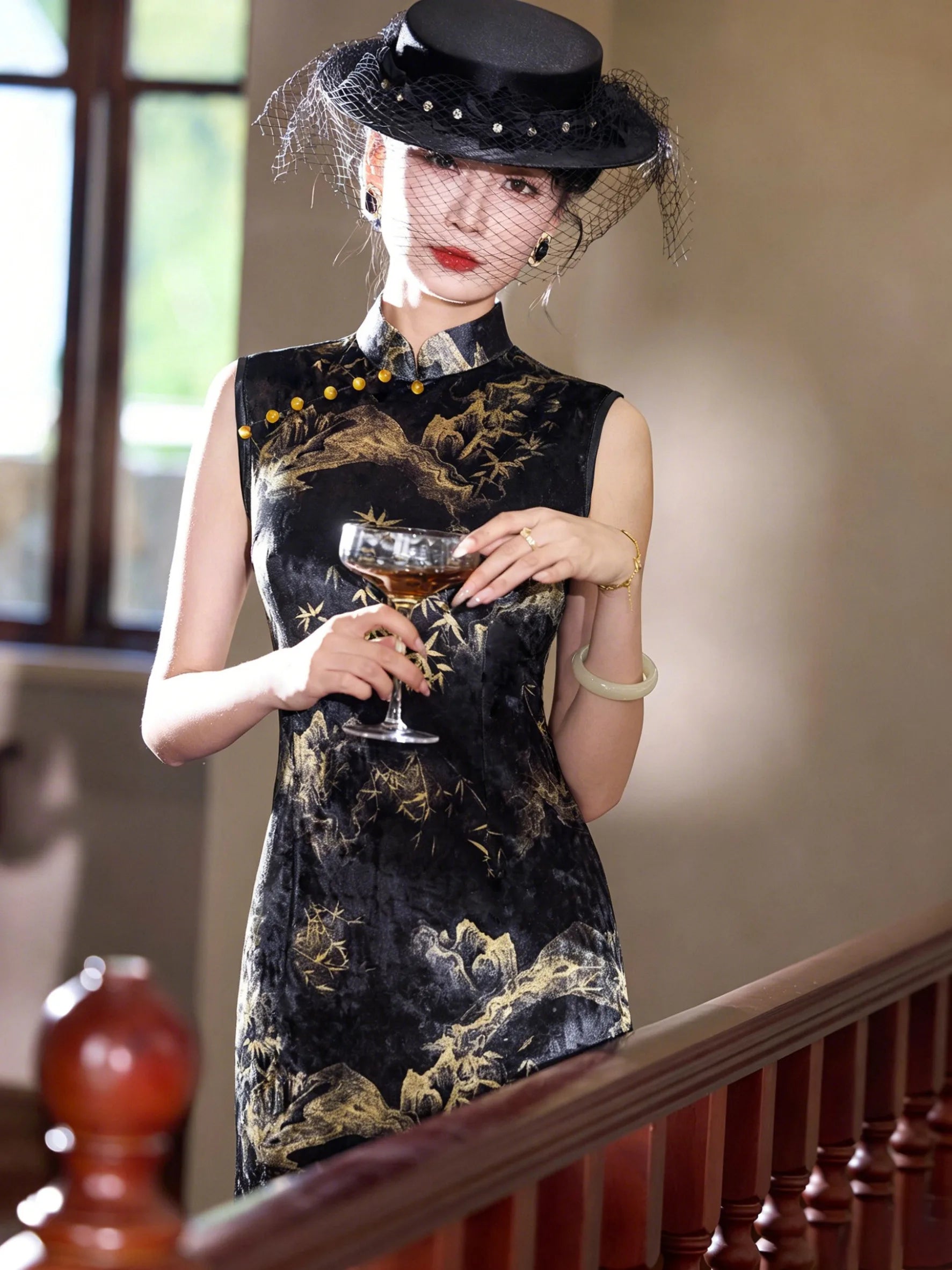 Old Shanghai Qipao black vintage Chinese dress with gold landscape pattern and mandarin collar