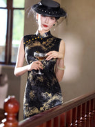 Old Shanghai Qipao black vintage Chinese dress with gold landscape pattern and mandarin collar