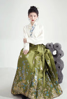 Olive Green Ming-style Waven Gold MaMian Skirt and Cross-collar Blouse