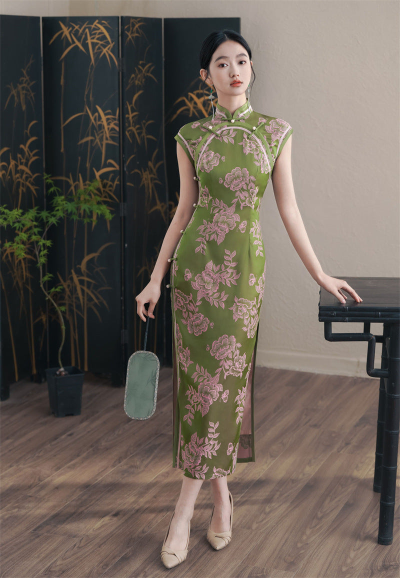 Olive Green Cap Sleeve Floral Qipao Dress