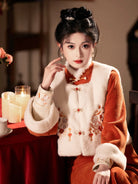 Orange cheongsam winter set with fleece lining and vest design for festive winter wear