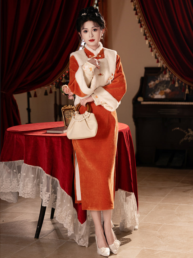 Orange cheongsam winter set with fleece lining and vest design for festive winter wear