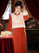 Orange cheongsam winter set with fleece lining and vest design for festive winter wear