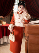 Orange cheongsam winter set with fleece lining and vest design for festive winter wear