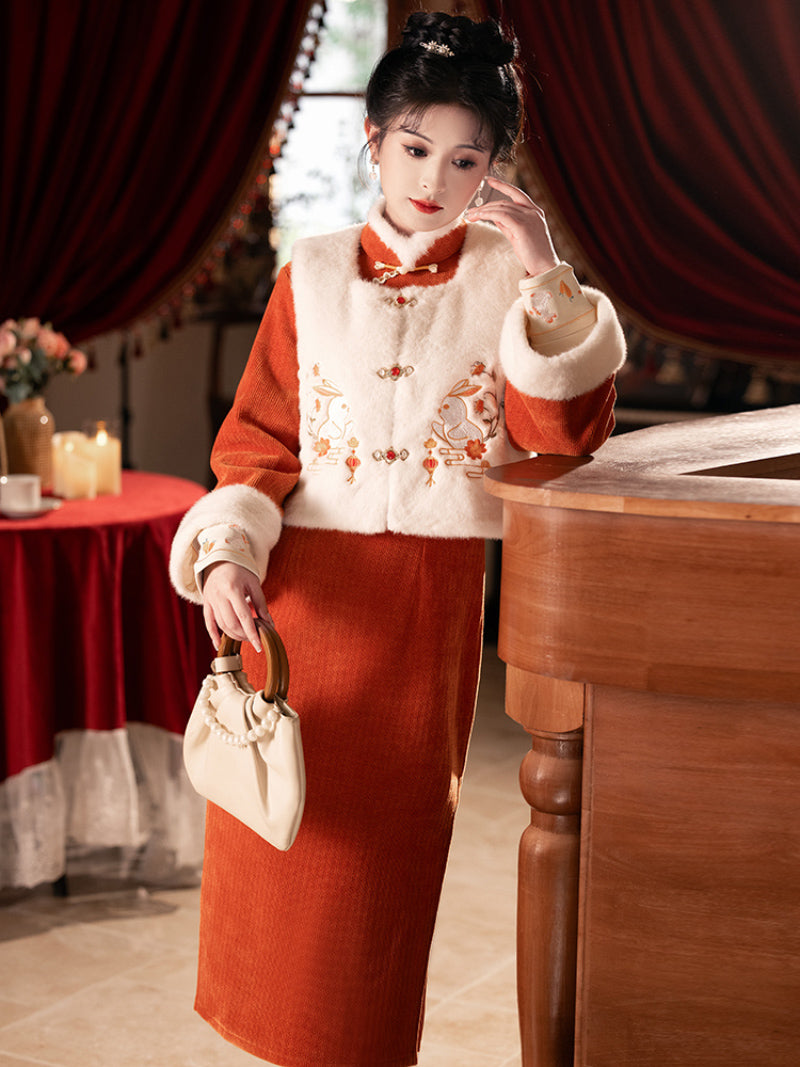 Orange cheongsam winter set with fleece lining and vest design for festive winter wear