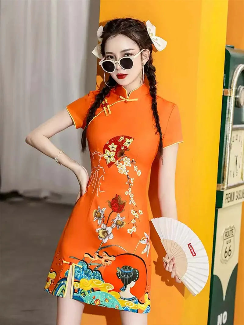 Stunning Orange Qipao – Modern Short Chinese Dress