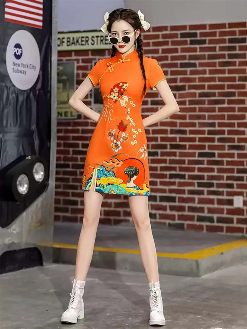 Stunning Orange Qipao 2025 – Modern Short Chinese Dress