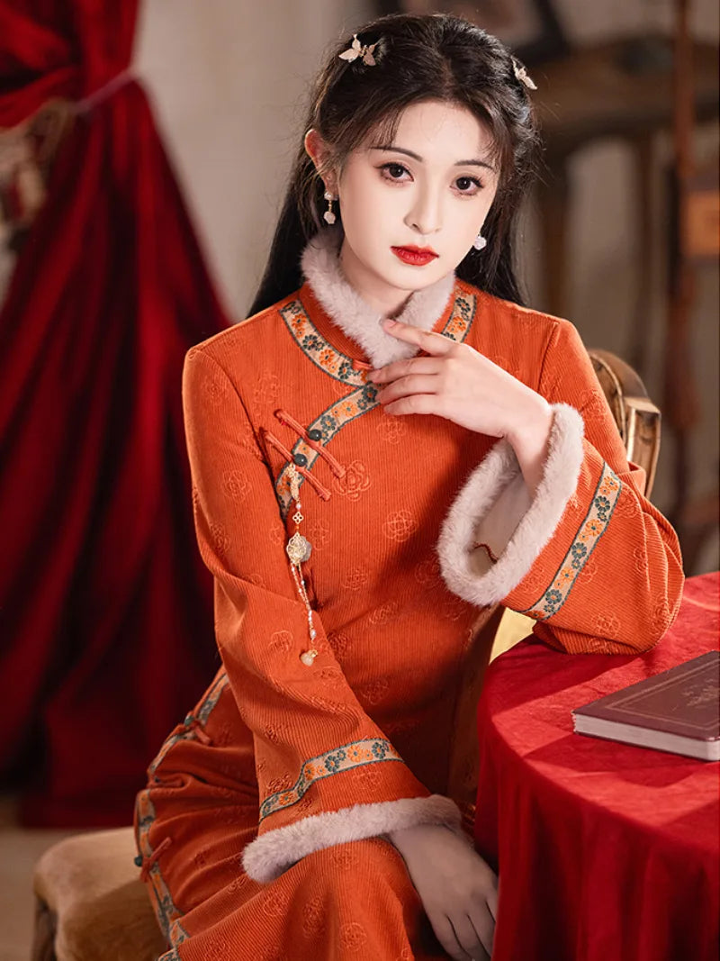 Orange Winter Cheongsam | Warm Thickened Chinese Dress