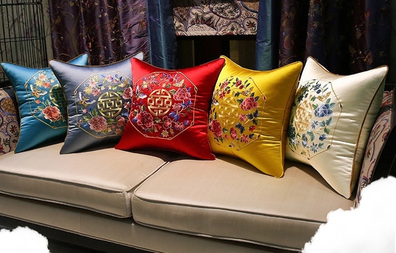 Embroidered Satin Cushion Covers | Good Fortune Peony