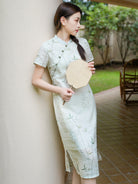Pastel Green With Bamboo Prints Loose Ramie Cheongsam Qipao Dress