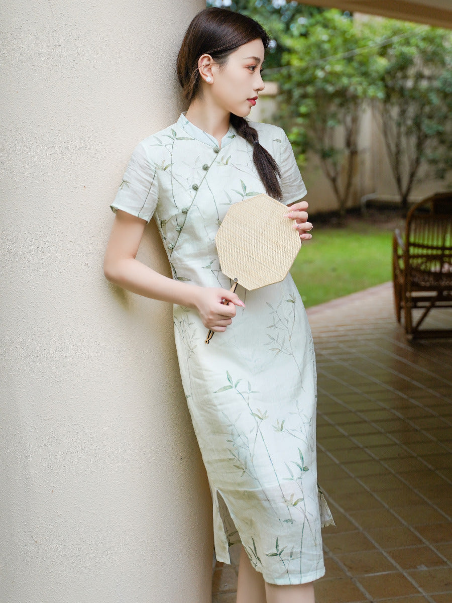 Pastel Green With Bamboo Prints Loose Ramie Cheongsam Qipao Dress