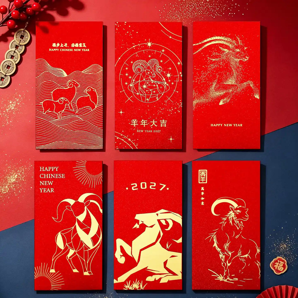 Personalizable Year of Goat 2027 Red Envelopes/Hongbao / Lai See Pack (6Pcs)