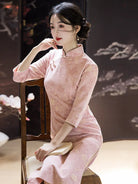 Pink cheongsam dress with long sleeves, slim waist design, elegant Chinese style qipao