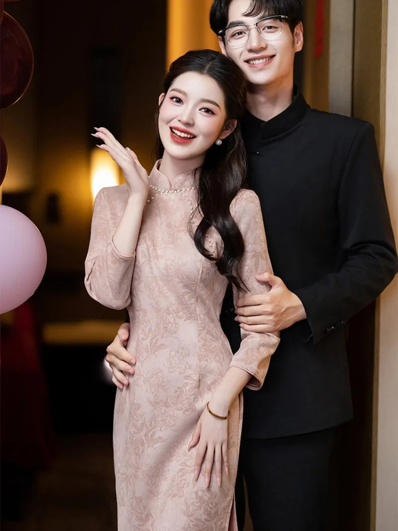 Pink Cheongsam Dress with smooth hem stitching and tailored fit