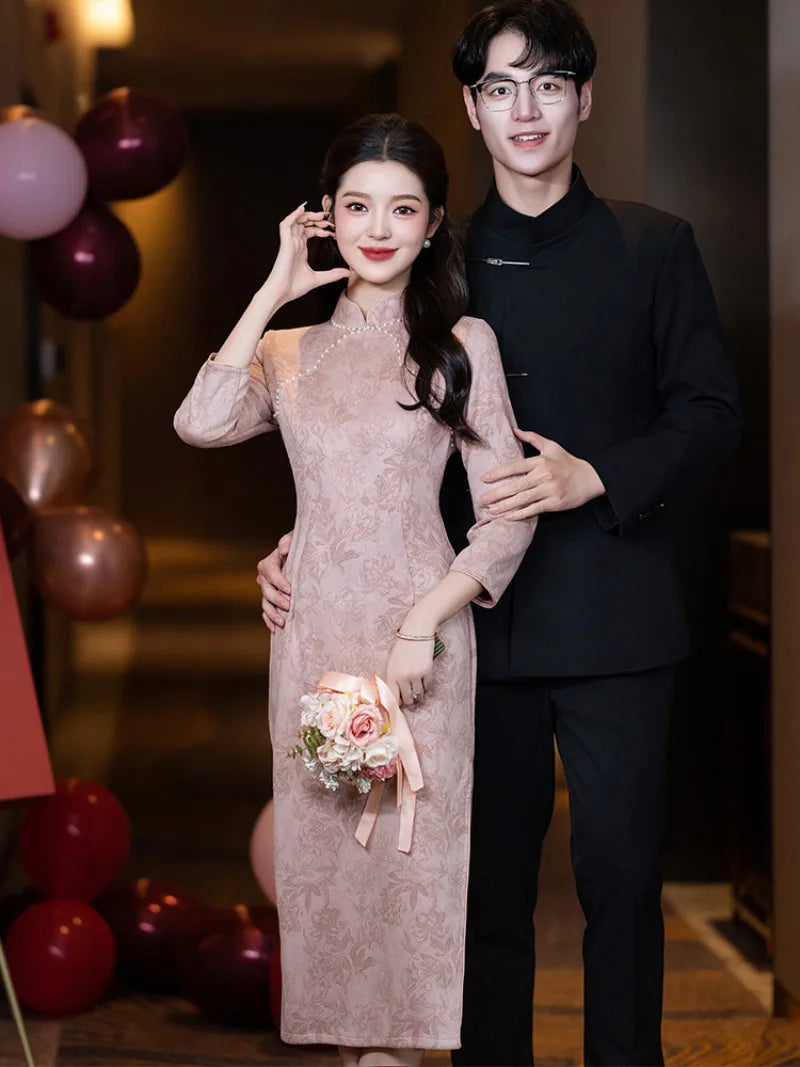 Pink Cheongsam Dress with smooth hem stitching and tailored fit