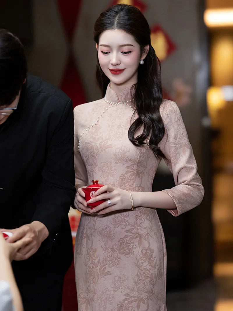 Pink Cheongsam Dress with smooth hem stitching and tailored fit