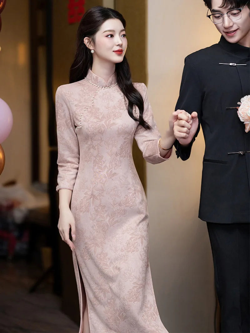 Pink Cheongsam Dress with smooth hem stitching and tailored fit