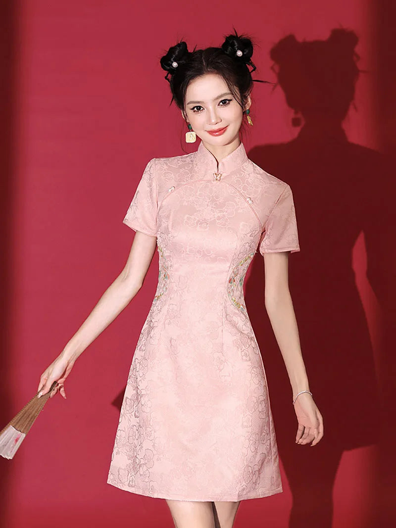 2025 pink qipao short modern Chinese dress for young women