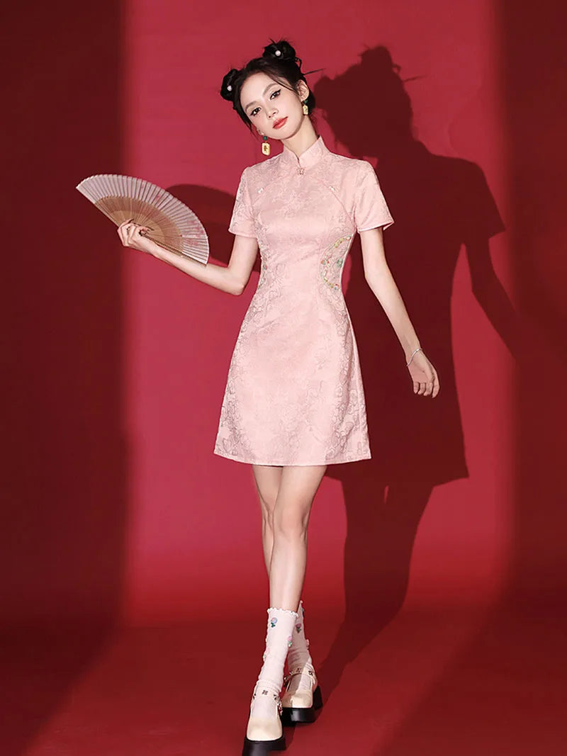 Pink Qipao | Short Modern Chinese Dress for Women