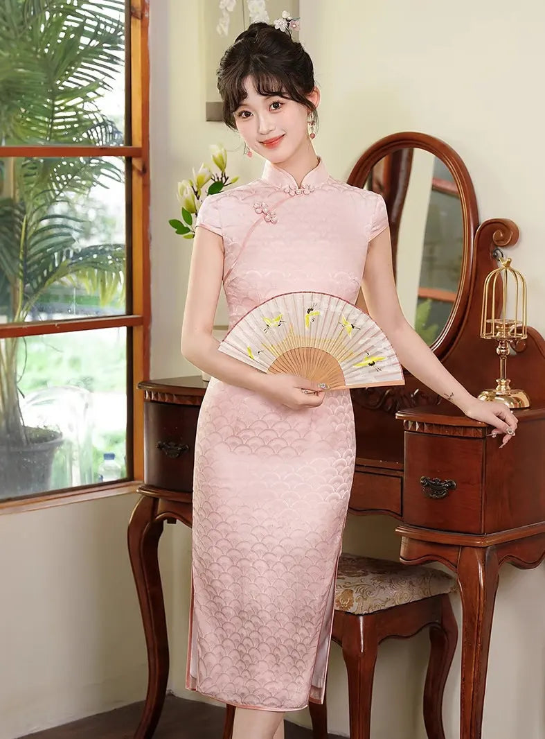 Pink Mulberry Silk Jacquard Qipao Dress