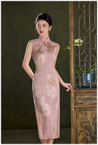 Pink Sleeveless Floral Jacquard Satin Qipao Dress