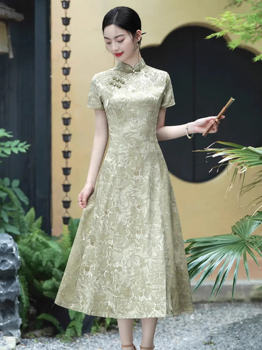 Pistachio Sage Green Floral Jacquard Modern A Line Qipao
