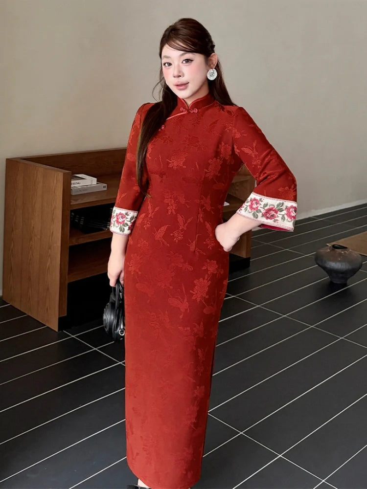 Plus Size Crimson Red Floral Jacquard Long Sleeve Qipao With Embroidered Sleeve
