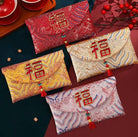 Premium Chinese Brocade Fabric Fu Red Envelopes With Tassel