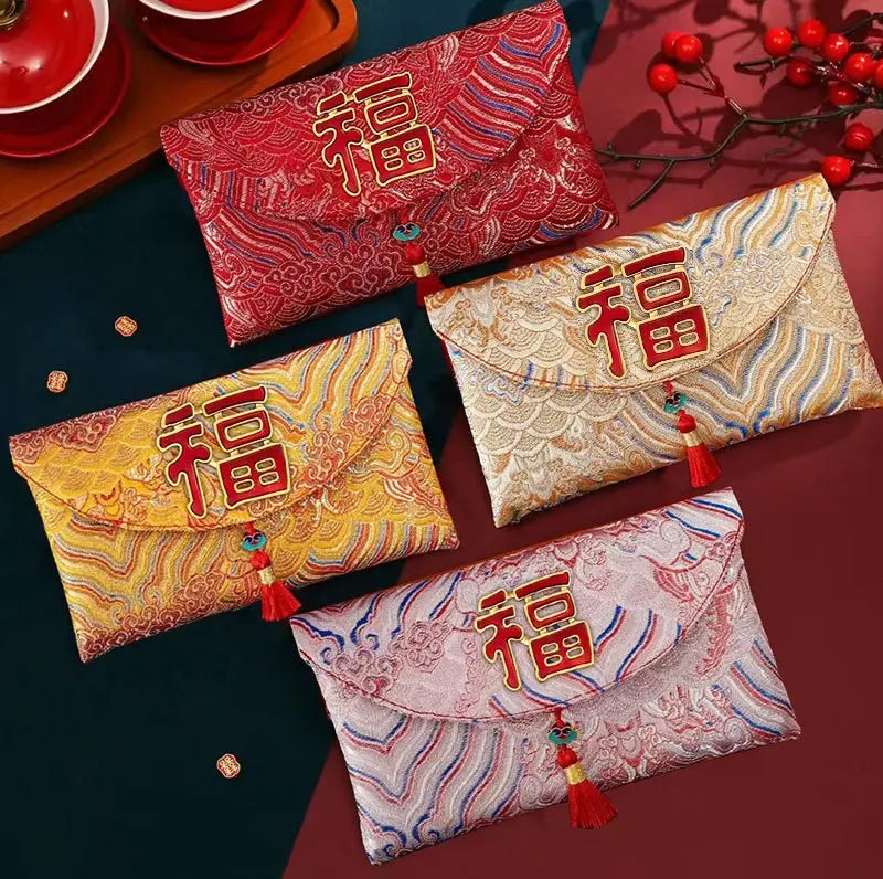 Premium Chinese Brocade Fabric Fu Red Envelopes With Tassel