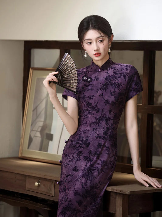 Purple Cheongsam – Elegant Flocked Modern Chinese Dress
