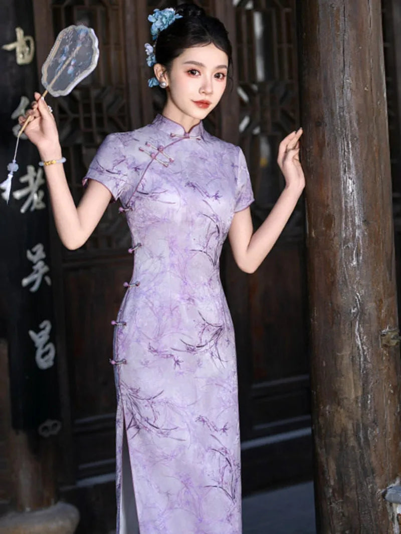 Purple Cheongsam Dress with slim fit and vintage Chinese style for summer