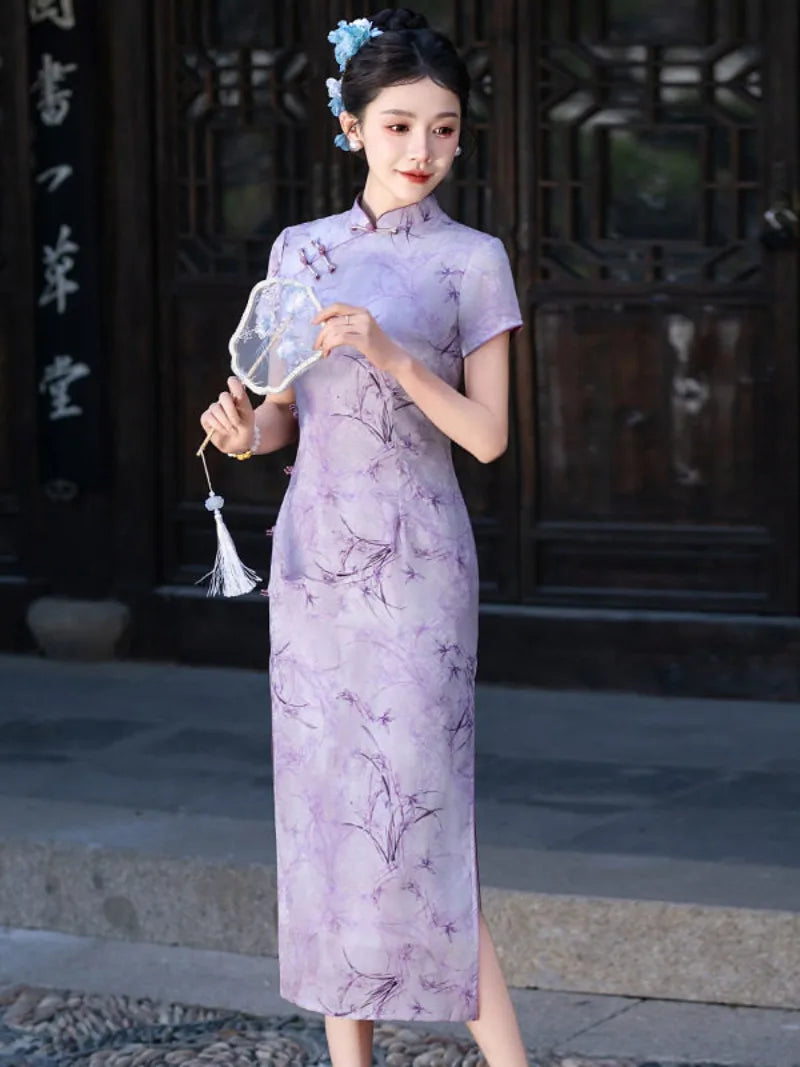 Purple Cheongsam Dress with slim fit and vintage Chinese style for summer