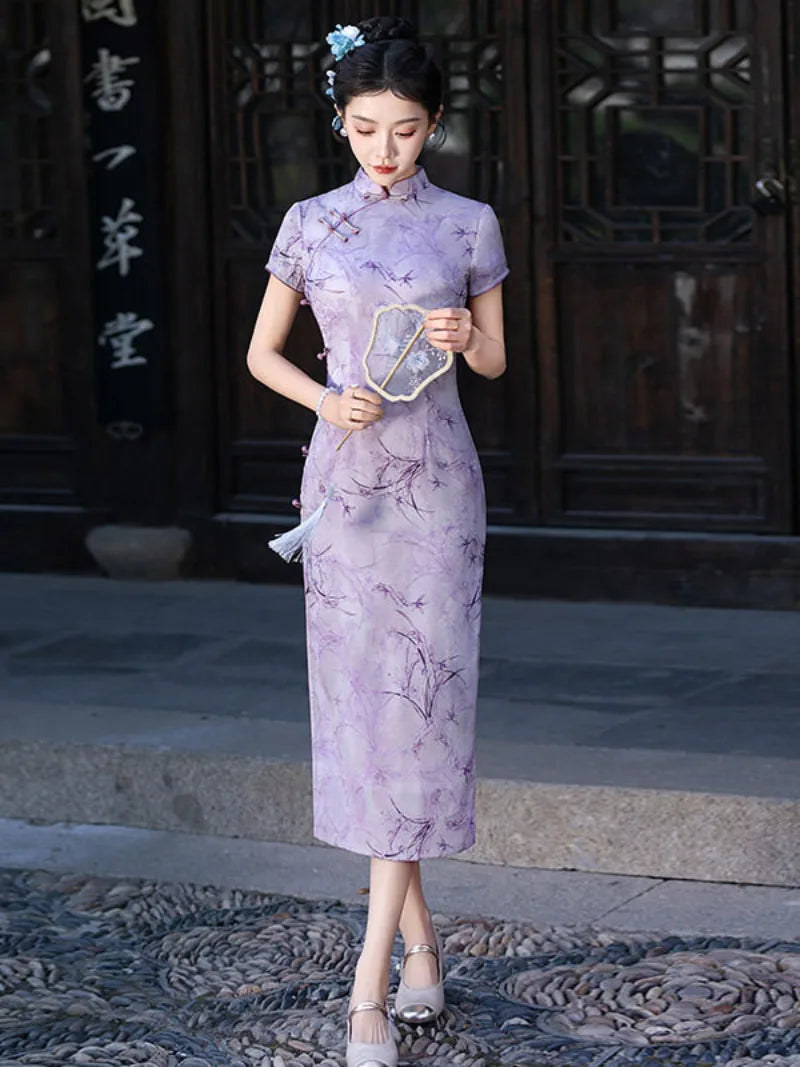 Purple Cheongsam Dress with slim fit and vintage Chinese style for summer