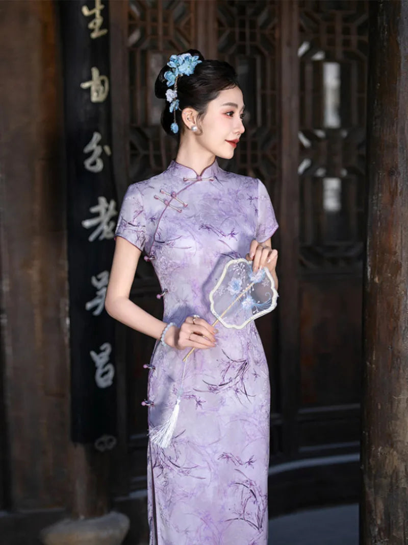 Purple Cheongsam Dress with slim fit and vintage Chinese style for summer