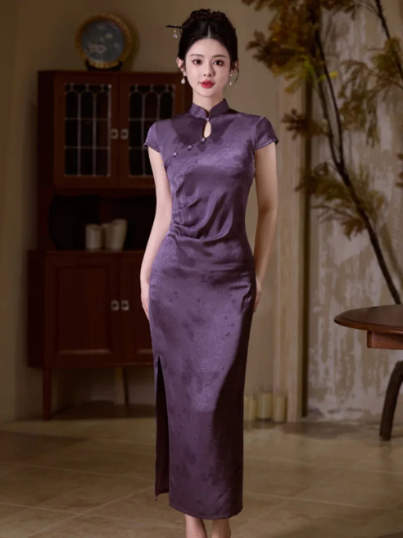 Purple Qipao Dress with slim waist design and modern Chinese elegant style