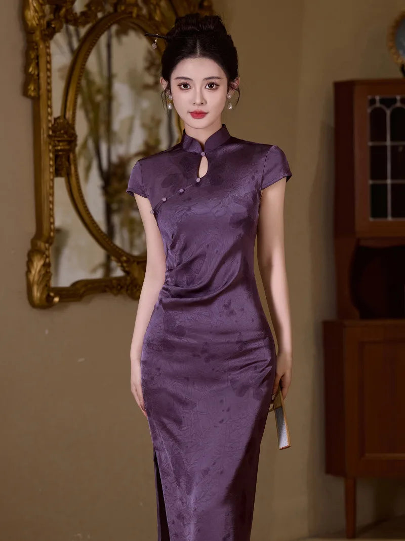 Purple Qipao Dress with slim waist design and modern Chinese elegant style