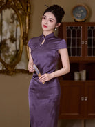 Purple Qipao Dress with slim waist design and modern Chinese elegant style