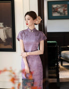 Purple Double Breasted Short Sleeve Jacquard Qipao