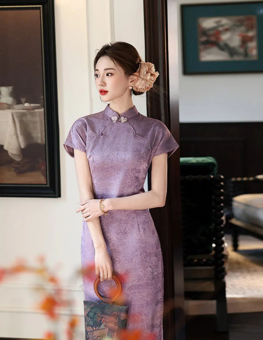 Purple Double Breasted Short Sleeve Jacquard Qipao