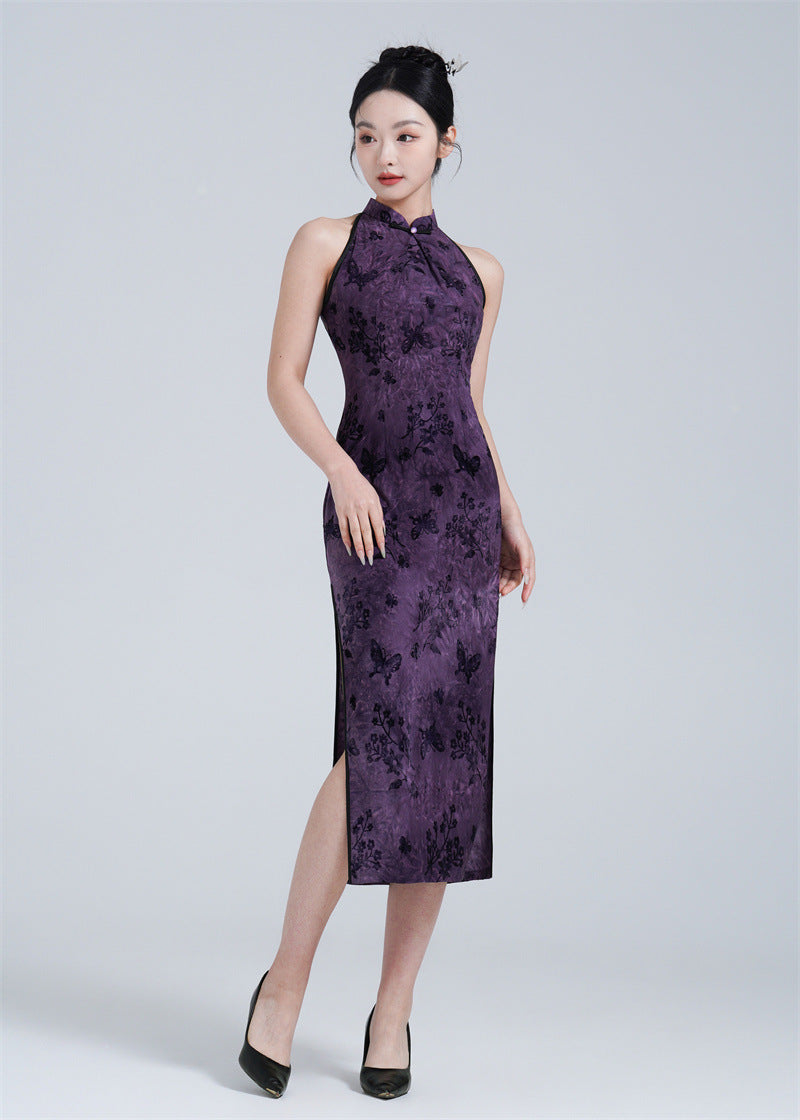 Purple Halter Neck Flocked Velvet Modern Qipao with Butterfly