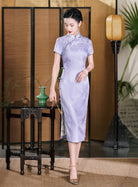 Luxury Purple Mulberry Silk Short Sleeve Qipao Dress