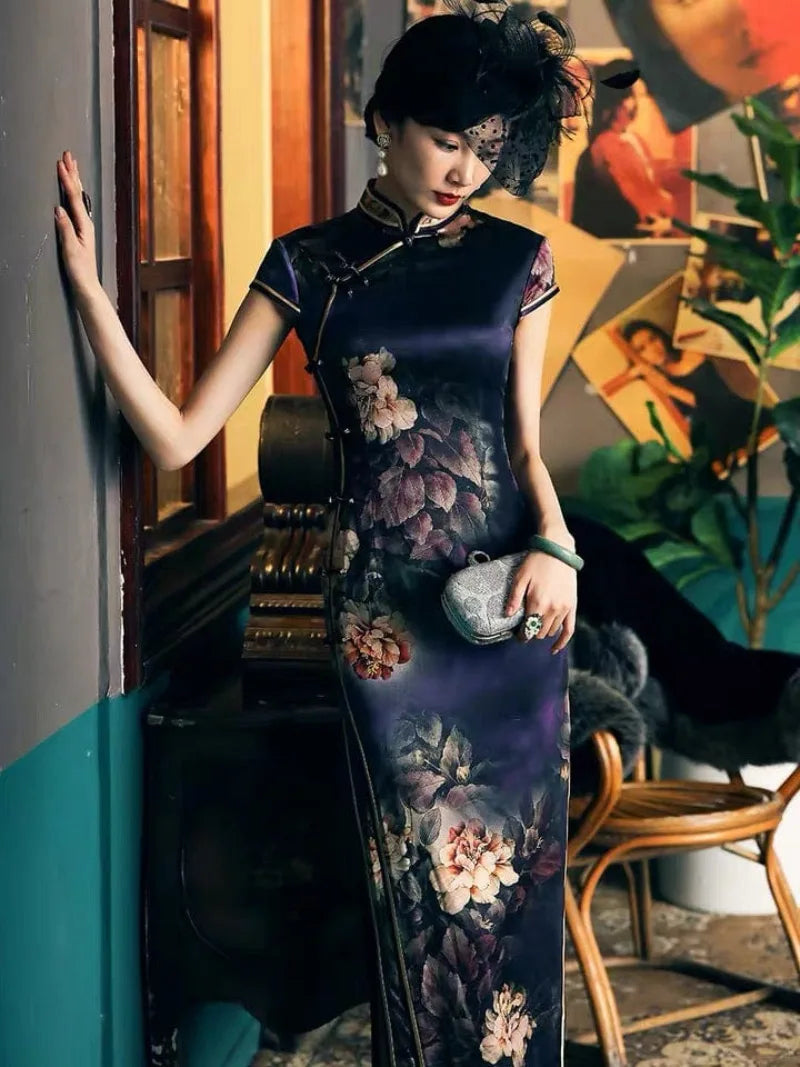 Aslin Hanfu Qipao-19 mome mulberry silk , Floral pattern, High-end long Qipao