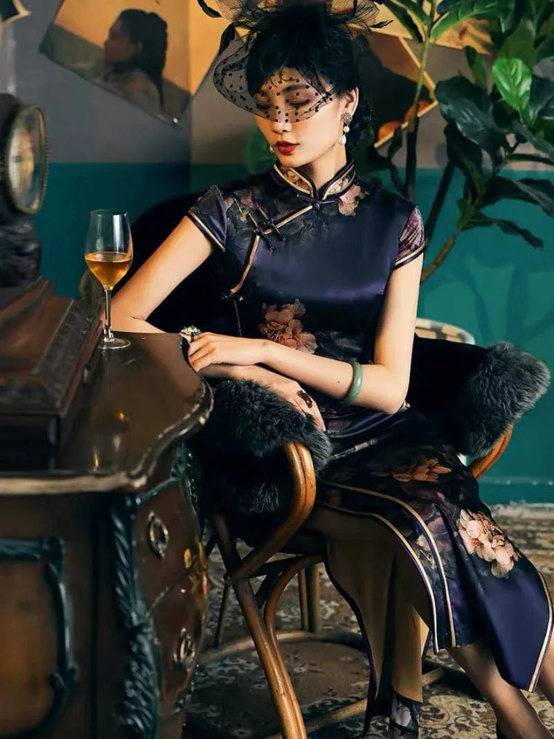 Aslin Hanfu Qipao-19 mome mulberry silk , Floral pattern, High-end long Qipao