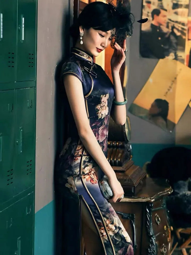Aslin Hanfu Qipao-19 mome mulberry silk , Floral pattern, High-end long Qipao
