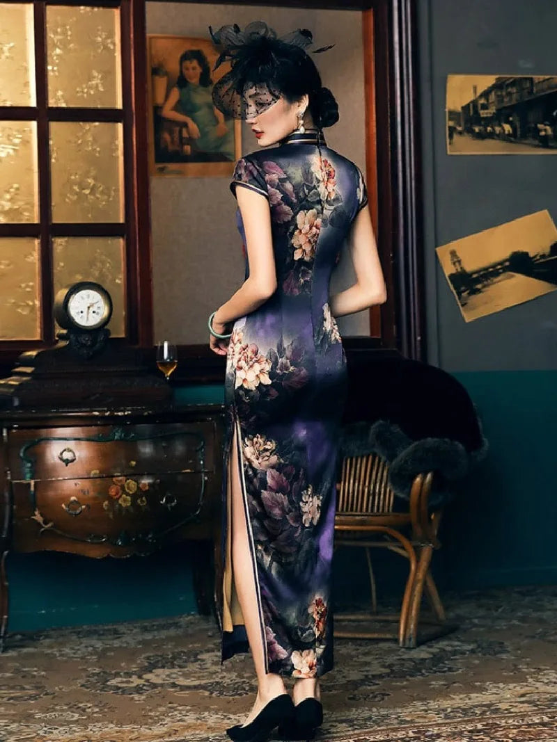 Aslin Hanfu Qipao-19 mome mulberry silk , Floral pattern, High-end long Qipao
