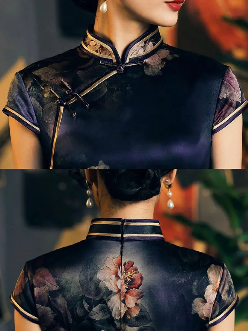 Aslin Hanfu Qipao-19 mome mulberry silk , Floral pattern, High-end long Qipao