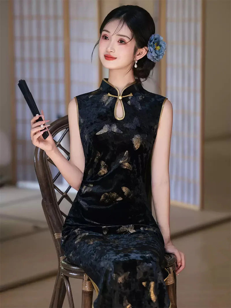 Qipao dress Hong Kong style in black velvet with golden butterfly pattern