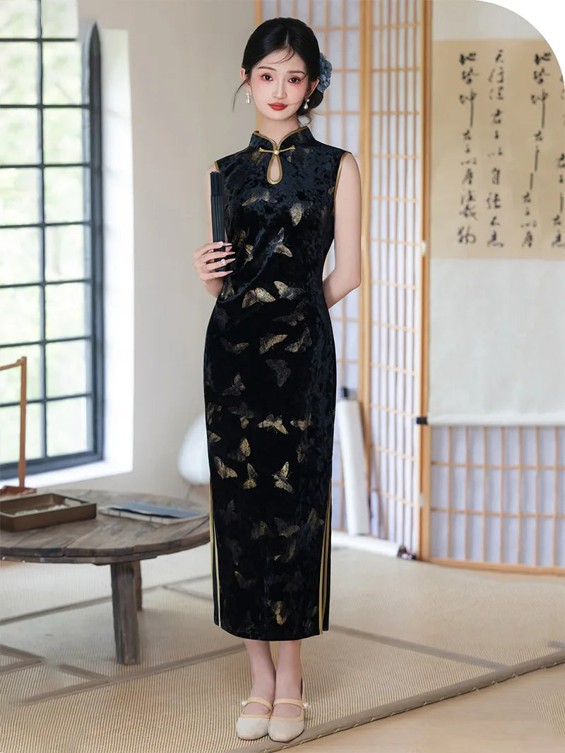 Qipao dress Hong Kong style in black velvet with golden butterfly pattern